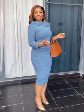 Solid Color Long Sleeve Zipper Midi Dress MIL-T066