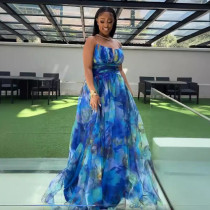 Mesh Patchwork Split Sling Print Maxi Dress NY-S10899