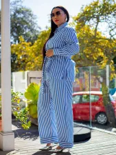 Print Stripe Long Sleeve Tie Up Two Piece Pants Set MIL-T091 