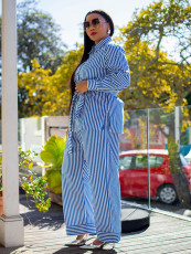 Print Stripe Long Sleeve Tie Up Two Piece Pants Set MIL-T091 