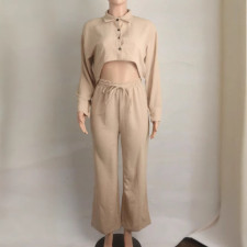 Solid Color Lapel Long Sleeve Pants Loose Set QYXZ-6002