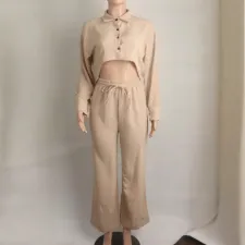 Solid Color Lapel Long Sleeve Pants Loose Set QYXZ-6002