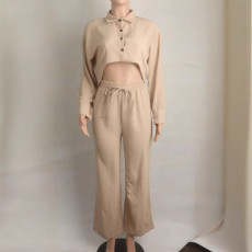 Solid Color Lapel Long Sleeve Pants Loose Set QYXZ-6002