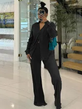 Deep V Neck Long Sleeve Shirt Pants Two Piece Set MIL-T092 