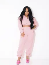 Padded Casual Zipper Crop Top Pants Two Piece Set MIL-T087 