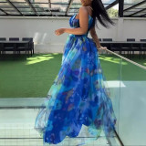 Mesh Patchwork Split Sling Print Maxi Dress NY-S10899