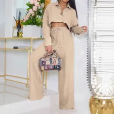 Solid Color Lapel Long Sleeve Pants Loose Set QYXZ-6002