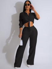 Long Sleeve Lapel Tie Up Two Piece Pants Set MIL-T084 