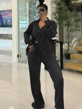 Deep V Neck Long Sleeve Shirt Pants Two Piece Set MIL-T092 