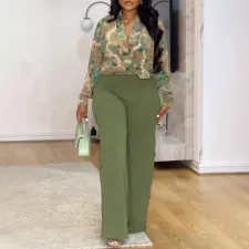 Plus Size Print V Neck Shirts Wide Leg Pants 2 Piece Suit NY-S10903