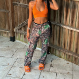 Leaf Print Straight Leg High Waisted Work Pants GSMJ-S6970