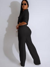 Long Sleeve Lapel Tie Up Two Piece Pants Set MIL-T084 