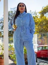Print Stripe Long Sleeve Tie Up Two Piece Pants Set MIL-T091 