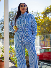 Print Stripe Long Sleeve Tie Up Two Piece Pants Set MIL-T091 
