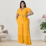 Plus Size Solid  Tie Up Short Sleeve Two Piece Pant Set GDAM-218191