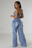 Fashion Wrap Chest Single-breasted Denim Jumpsuit LX-6028