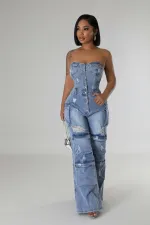 Fashion Wrap Chest Single-breasted Denim Jumpsuit LX-6028