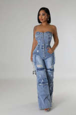 Fashion Wrap Chest Single-breasted Denim Jumpsuit LX-6028