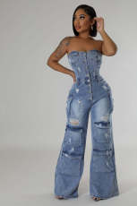 Fashion Wrap Chest Single-breasted Denim Jumpsuit LX-6028
