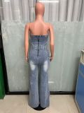 Fashion Wrap Chest Single-breasted Denim Jumpsuit LX-6028