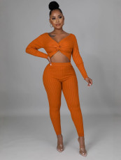 Solid Color Knotted Skinny Casual Pants Two Piece Set SXF-Z2031