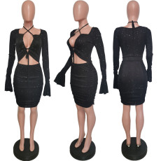 Sexy Tie Up Flare Sleeve Mini Dress HMS-6412