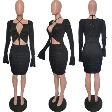 Sexy Tie Up Flare Sleeve Mini Dress HMS-6412