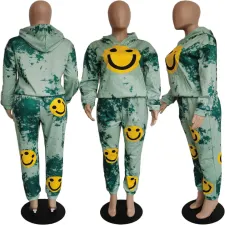 Thickened Tie-dye Smiley Face Print Loose 2 Piece Set SXF-A1009