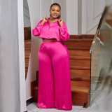 Plus Size Solid Shirt And Pleated Wide Leg Pants 2 Piece Set NNWF-N8034