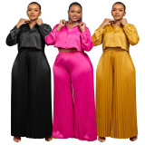 Plus Size Solid Shirt And Pleated Wide Leg Pants 2 Piece Set NNWF-N8034