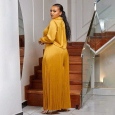 Plus Size Solid Shirt And Pleated Wide Leg Pants 2 Piece Set NNWF-N8034