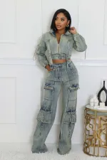 Denim Washed Long Sleeve Zipper Two Piece Set NYF-8182
