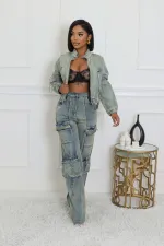 Denim Washed Long Sleeve Zipper Two Piece Set NYF-8182