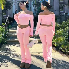 One Shoudler Tops And Flare Pants 2 Piece Set SFY-TW588