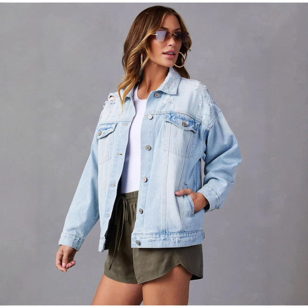 Light Blue Long Sleeve Denim Jackets GKNF-TSQ-158