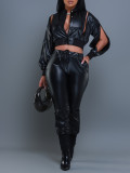 PU Leather Solid Color Zipper Two Piece Set AIL-AL291