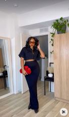 Solid Color Shirt Neck Tops Two Piece Skirts Set QOUY-M6022