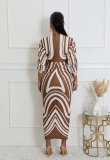 Long Sleeve Print Pleated Split Long Dress XHXF-434
