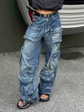 Plus Size Fashion Washed Multi-pockets Jeans GQLF-9980