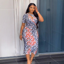 Print Hollow Out Split Midi Dress NY-S10911