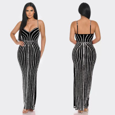 Solid Color Sling Hot Drill Maxi Dress GOSD-OS7031