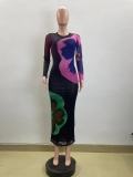 Colorful Print Long Sleeve Maxi Dress QOUY-M6019S