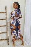 Long Sleeve Print Pleated Split Long Dress XHXF-434