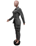 Fashion Denim Long Sleeve Belt Jumpsuit MEM-MZ88601