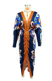 Long Sleeve Print Pleated Split Long Dress XHXF-434