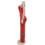 Solid Color Sling Hot Drill Maxi Dress GOSD-OS7031