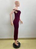 Slash Neck Pleated Slim Maxi Dress QOUY-M6030