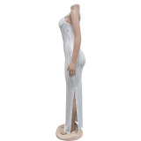 Solid Color Sling Hot Drill Maxi Dress GOSD-OS7031