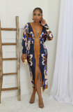 Long Sleeve Print Pleated Split Long Dress XHXF-434