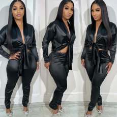 V Neck Long Sleeve Silk Skinny Pant Suit GDIM-D2429